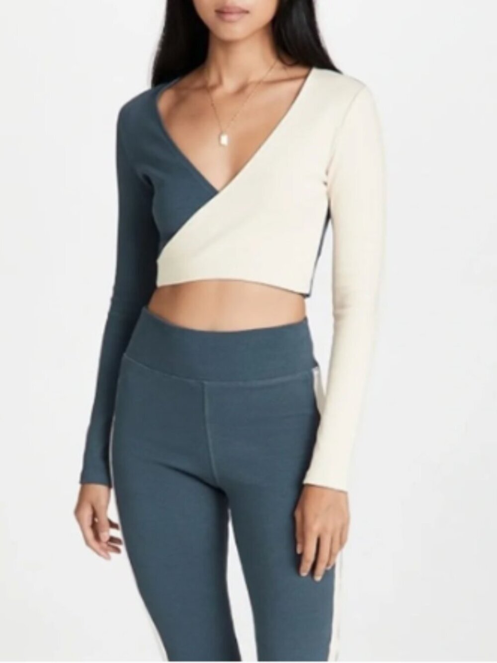 The Upside Women's Size Medium 8 Luna Kyra Top Two Tone Blue Cream Crop Ribbed